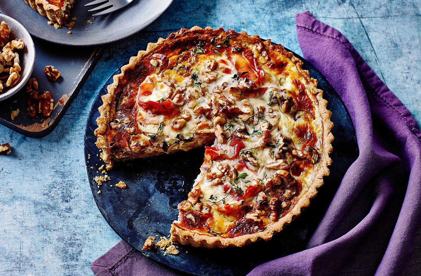 Walnut, mushroom and prosciutto tart