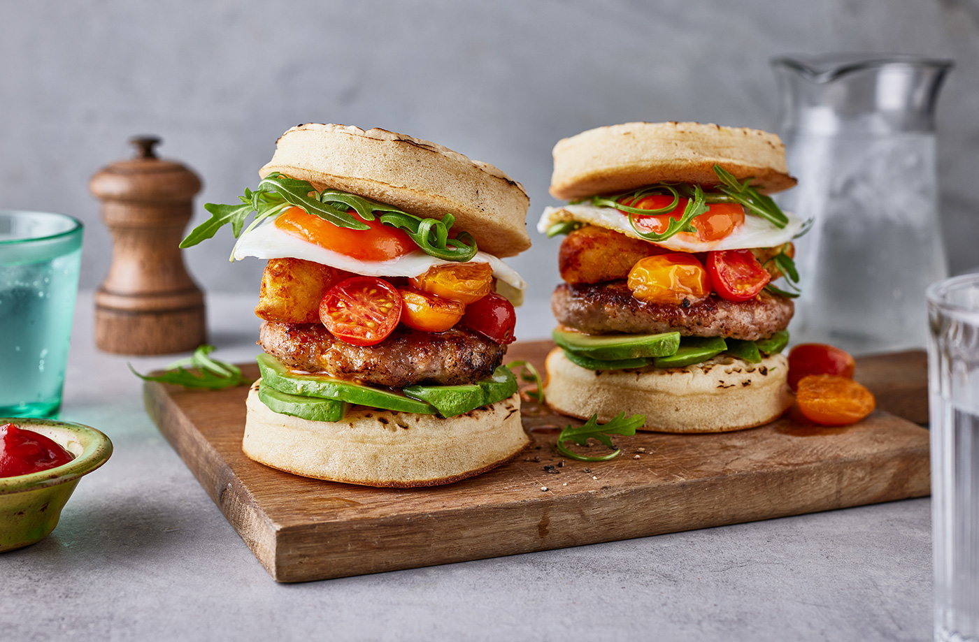 Breakfast crumpet burger