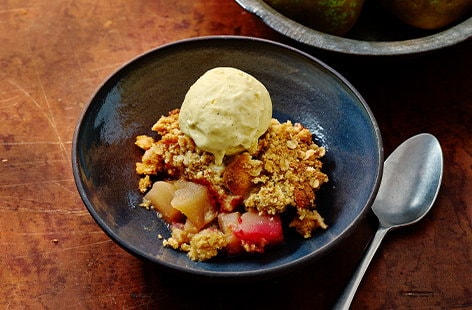 Image of "Pear and raspberry frangipane crumble"