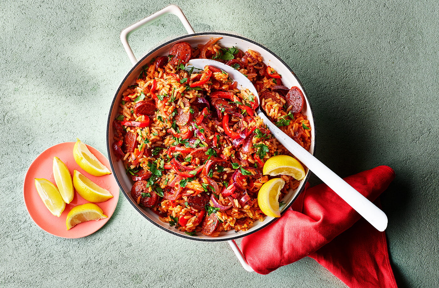 Red pepper and chorizo jambalaya