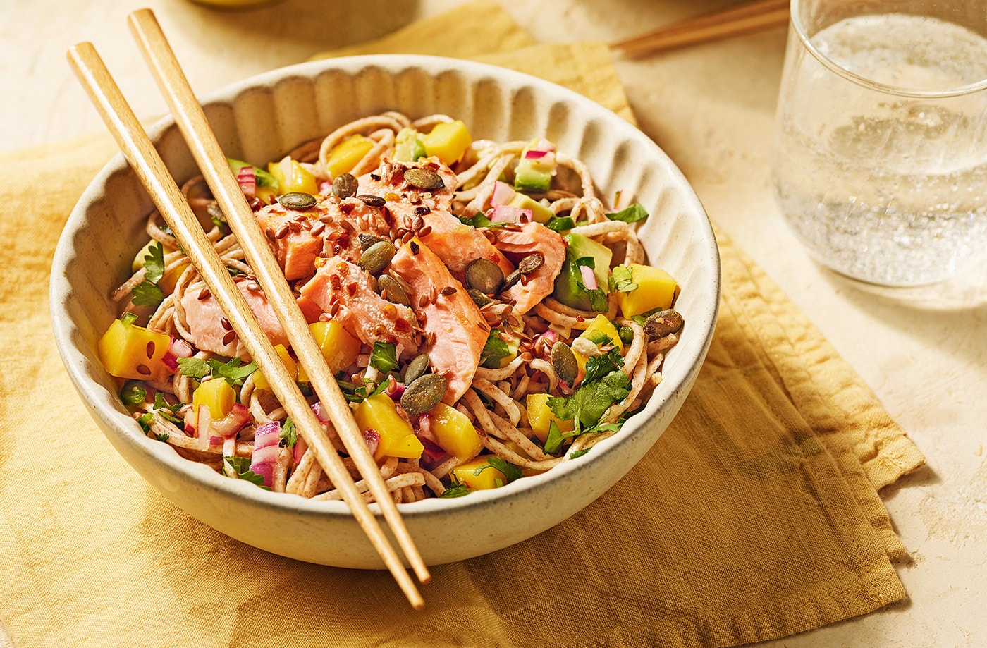 Salmon and avocado noodle bowls
