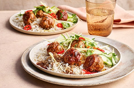 Image of "Teriyaki pork meatballs with crispy rice"