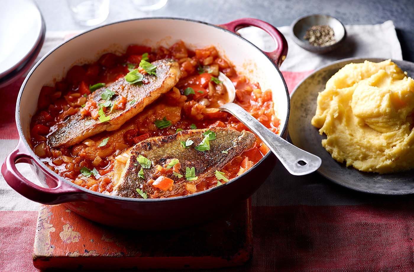 Sea bass in tomato sauce with pap