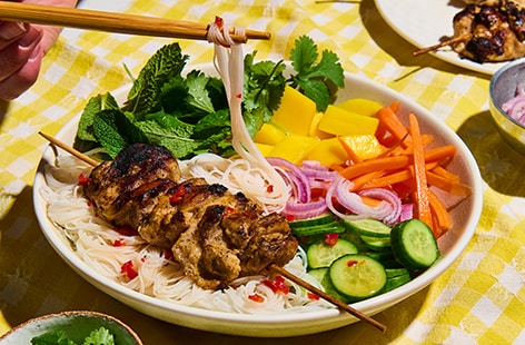 Image of "Massaman chicken skewers with rice noodle salad"