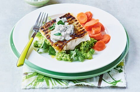 Image of "Crispy cod with pea mash and lighter tartare sauce"