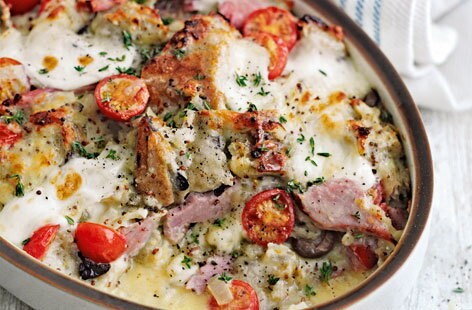 Image of "Ham and cheese olive bread bake"