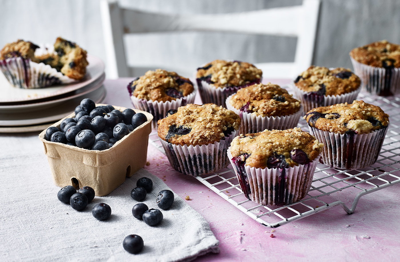 Blueberry muffins with maple streusel topping