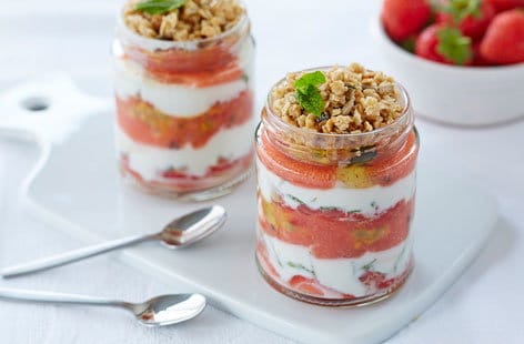 Image of "Sunrise passion fruit and strawberry sundaes"