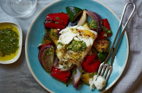 Seared cod with mediterranean vegetables