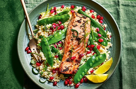 Image of "Pomegranate, sesame and lime air-fryer salmon"