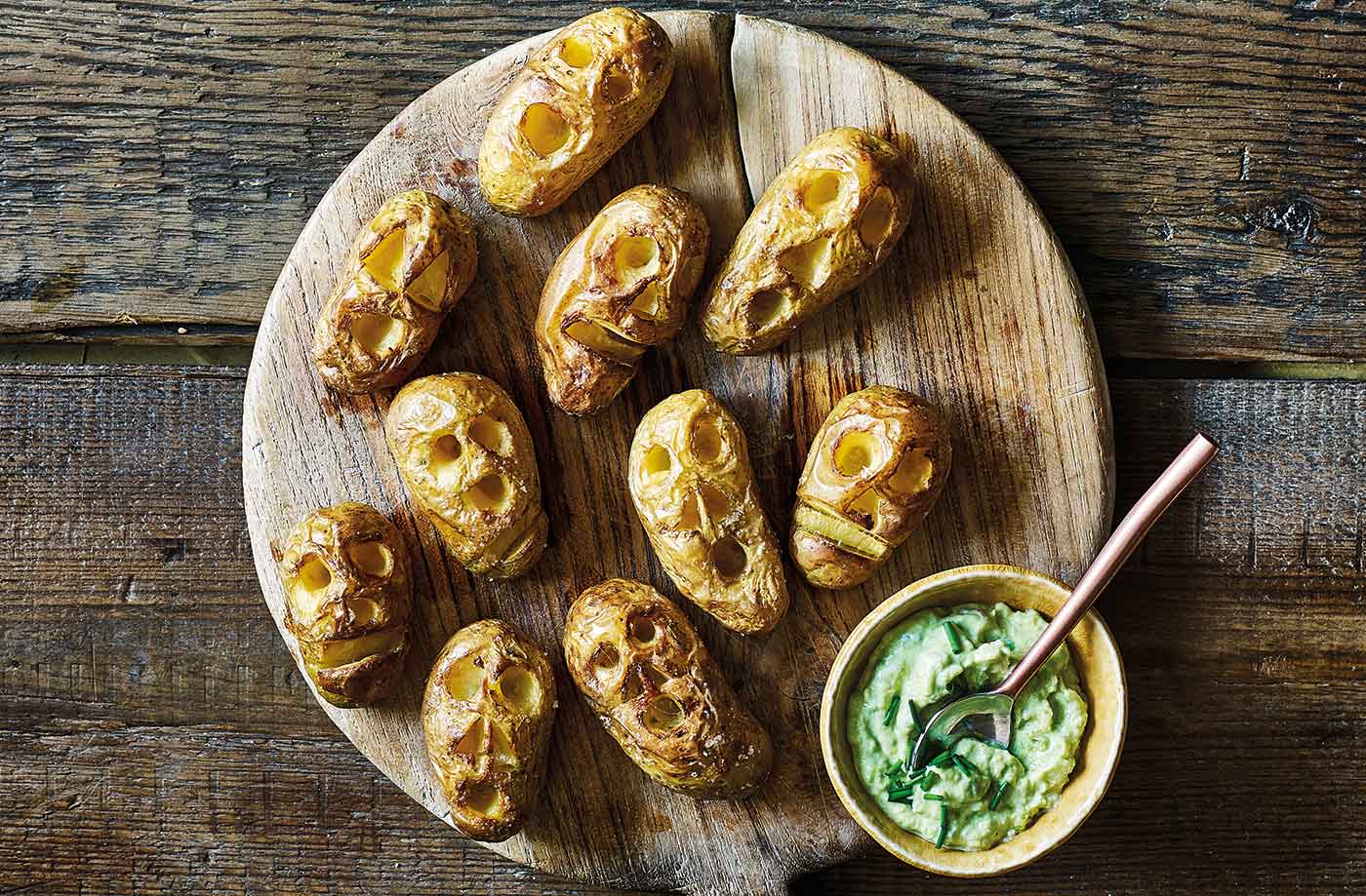 Shrunken potato heads with slime dip