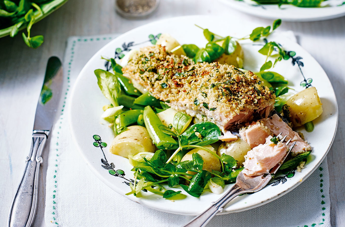 Couscous-crusted salmon with pea and potato salad