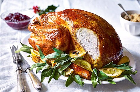 Image of "Classic whole roast turkey with sage and black pepper butter"