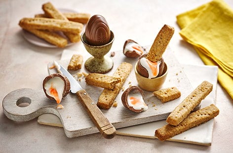 Image of "Chocolate ‘dippy eggs’ and brown butter shortbread soldiers"