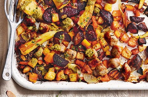 Image of "Sausage and veg traybake with pesto sauce"