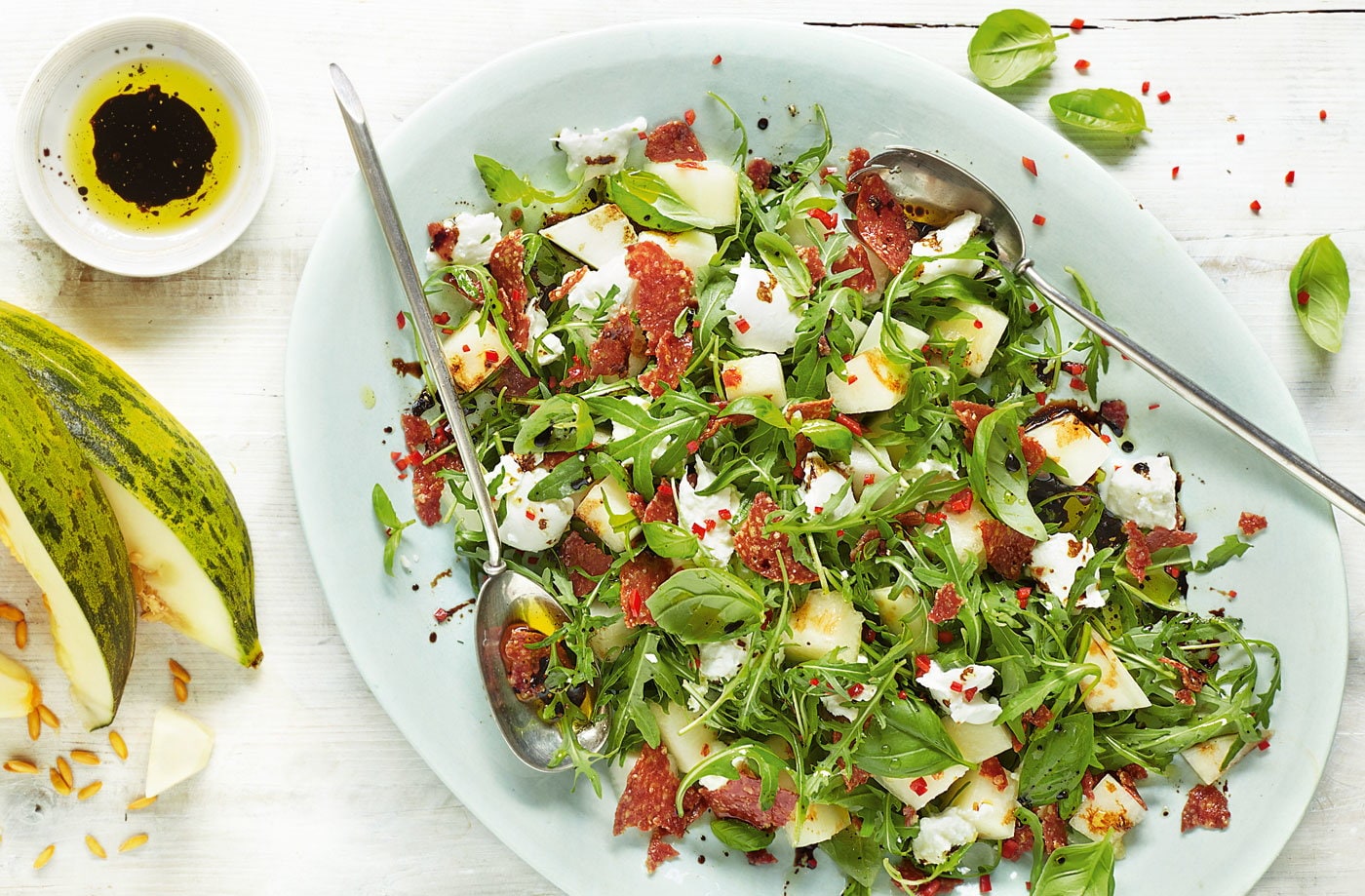 Melon, mozzarella and salami salad