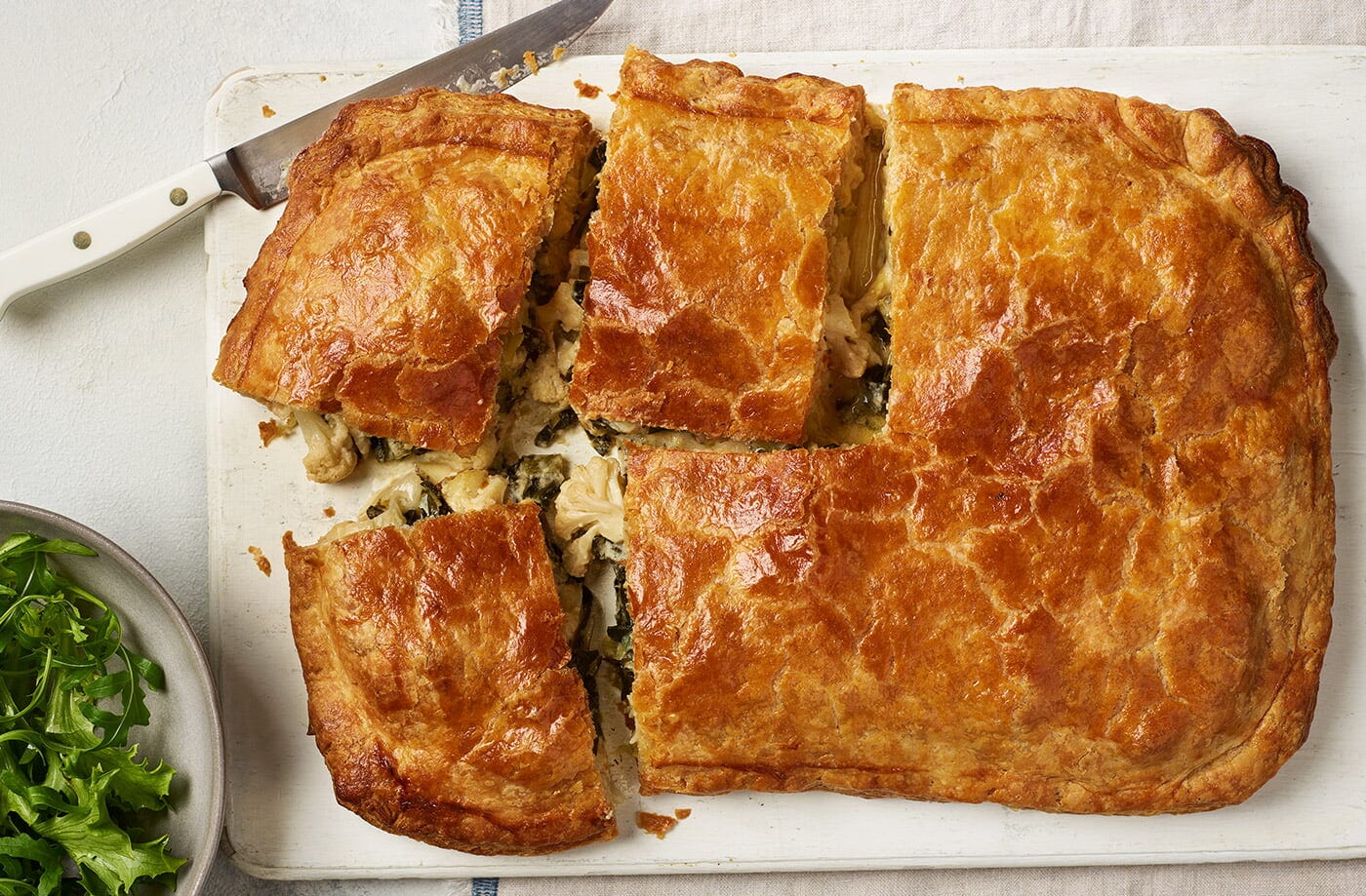 Cauliflower cheese, leek and spring greens pie