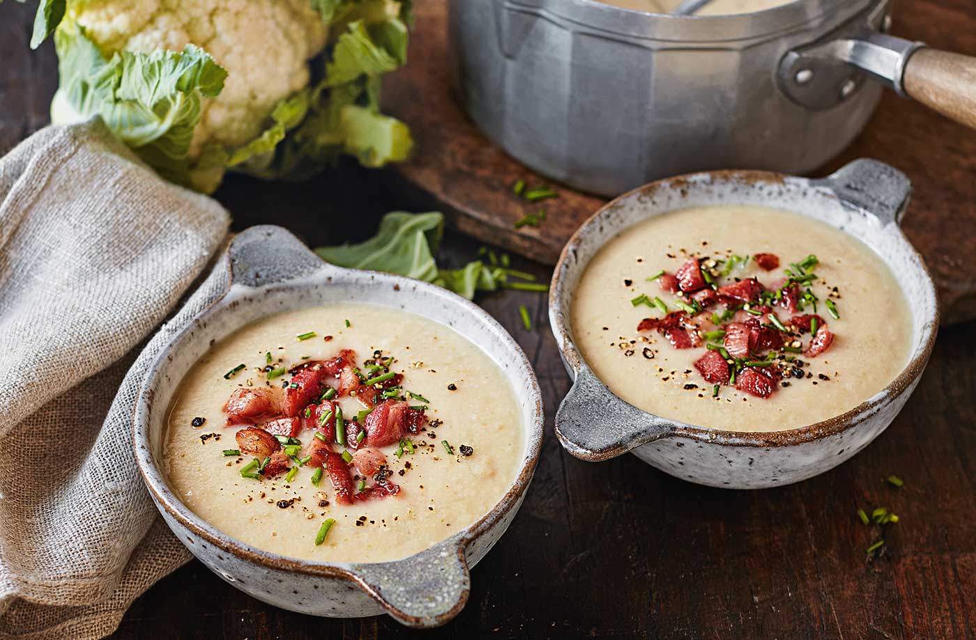 Cauliflower and white bean soup with crispy bacon