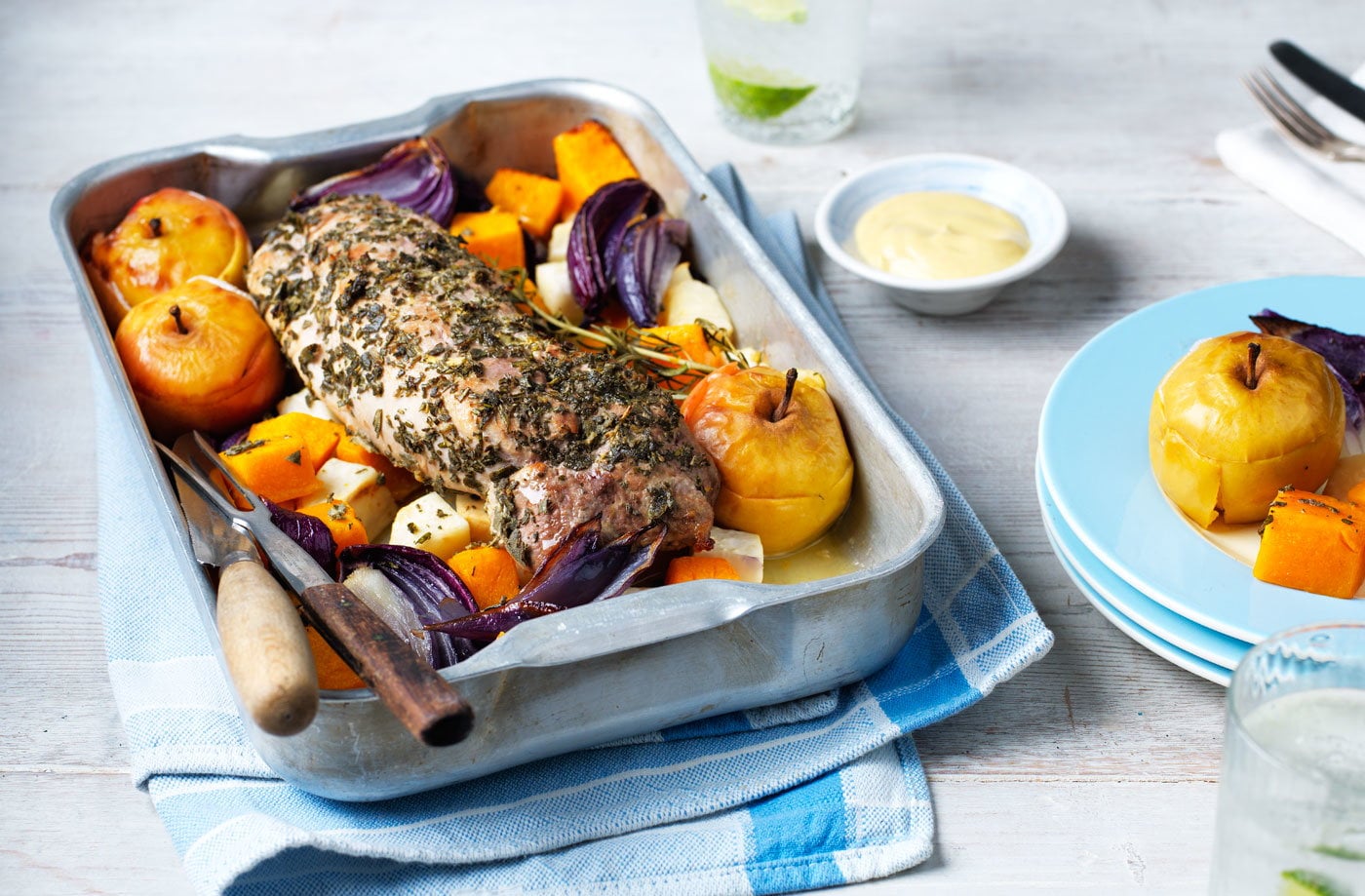 Healthy herb and mustard rolled pork fillet