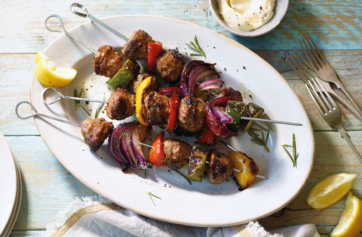 Meatball and Mediterranean vegetable kebabs