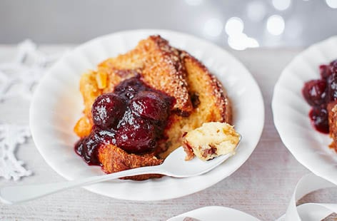 Image of "Baked panettone French toast with clementine, black cherry and cranberry sauce"