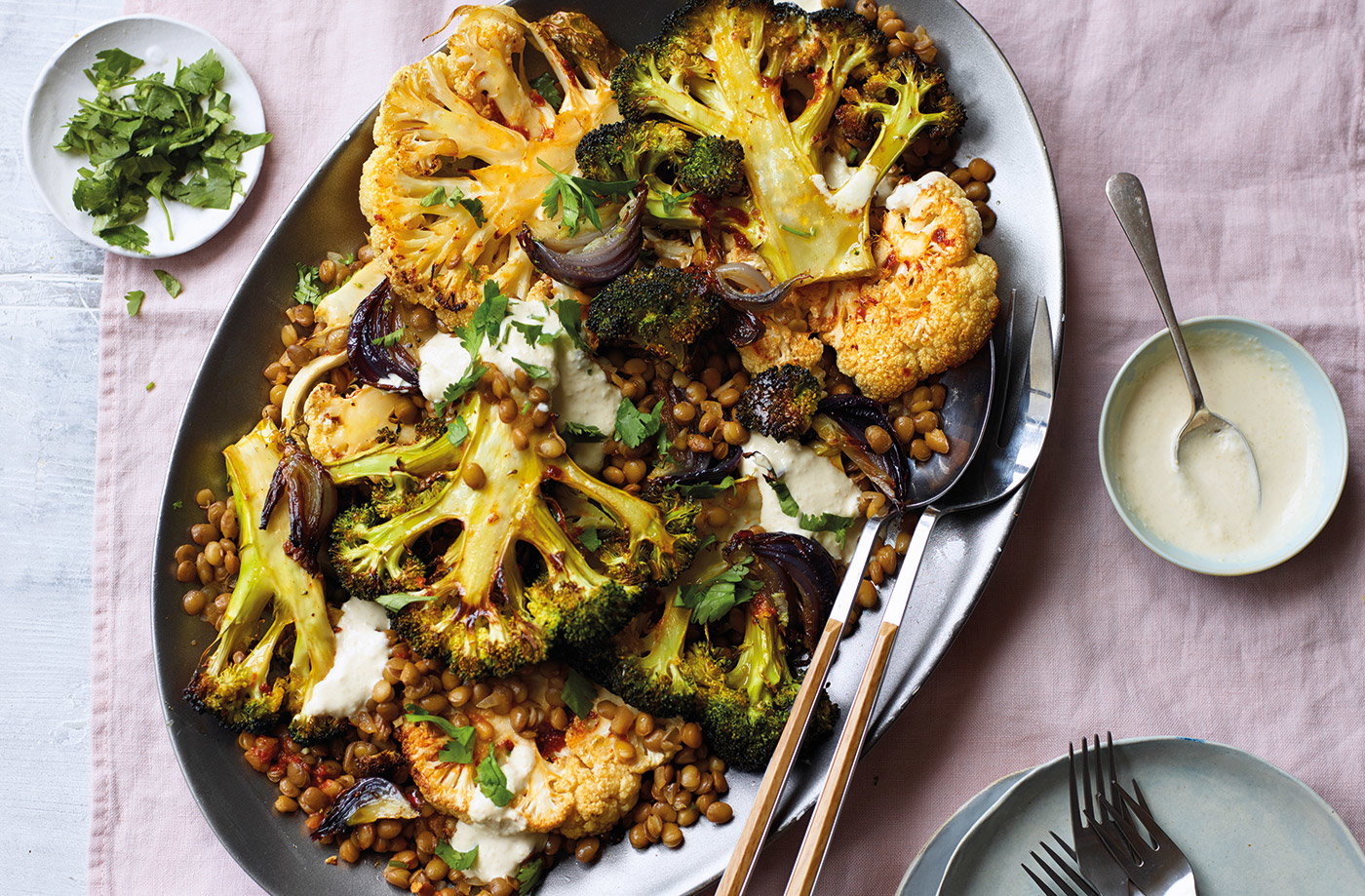 Roasted broccoli and cauliflower with harissa lentils