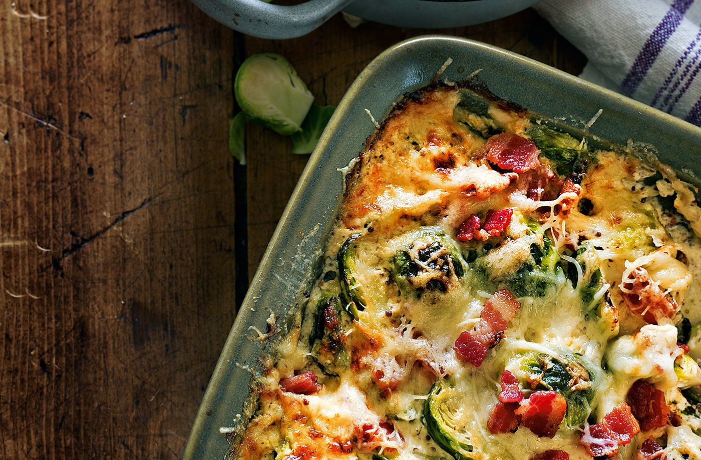 Sprout gratin with mustard and crispy bacon