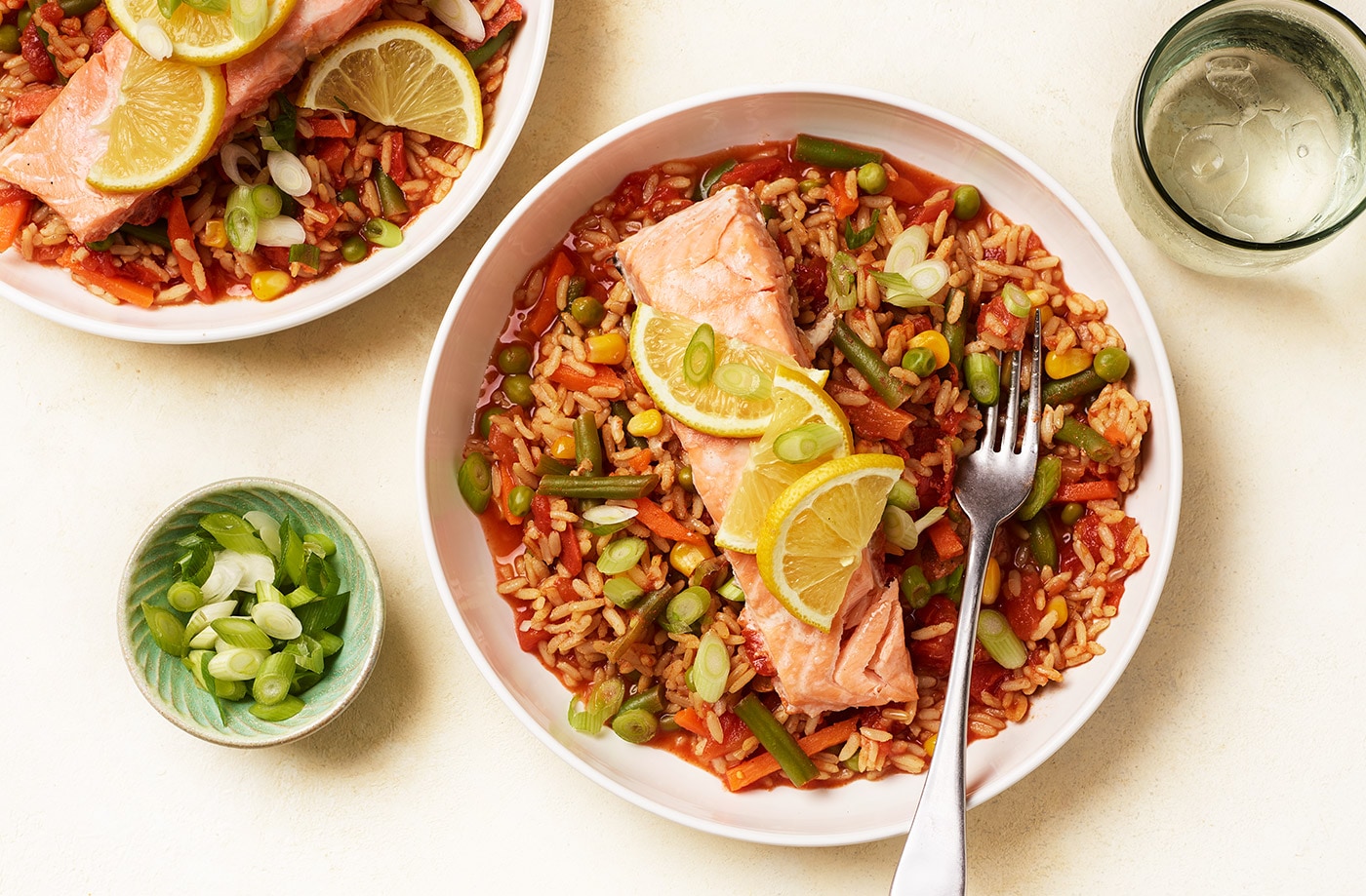 Salmon, rice and tomato traybake