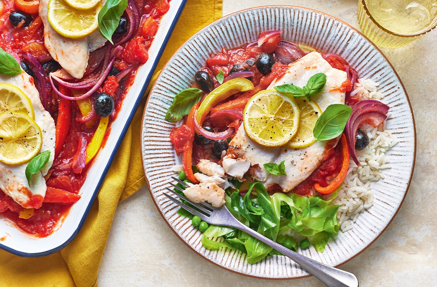 Puttanesca-style fish traybake