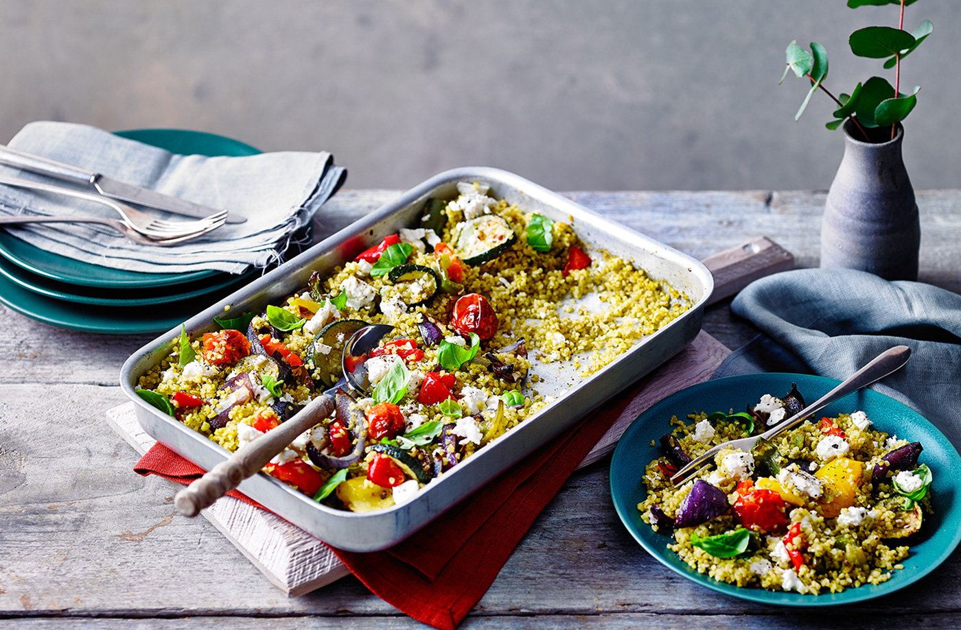 Roast vegetable and pesto bulgur wheat traybake