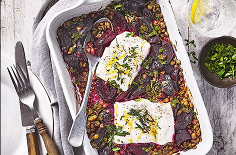Image of "Cod, lentil and beetroot traybake"