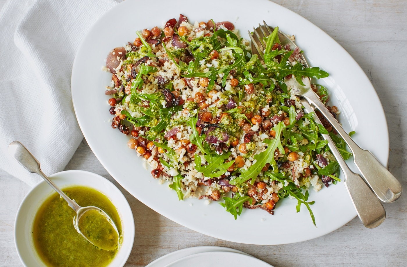Cauliflower couscous and roasted chickpeas with pesto