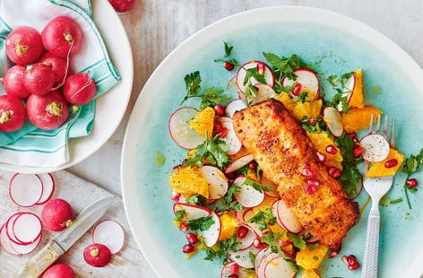 Image of "Trout with radish, orange and pomegranate salad"