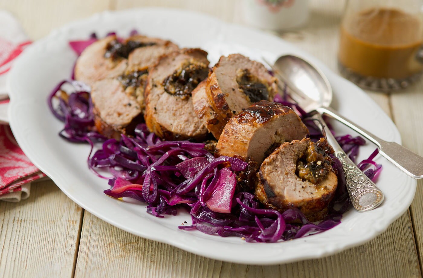 Prune-stuffed pork and red cabbage