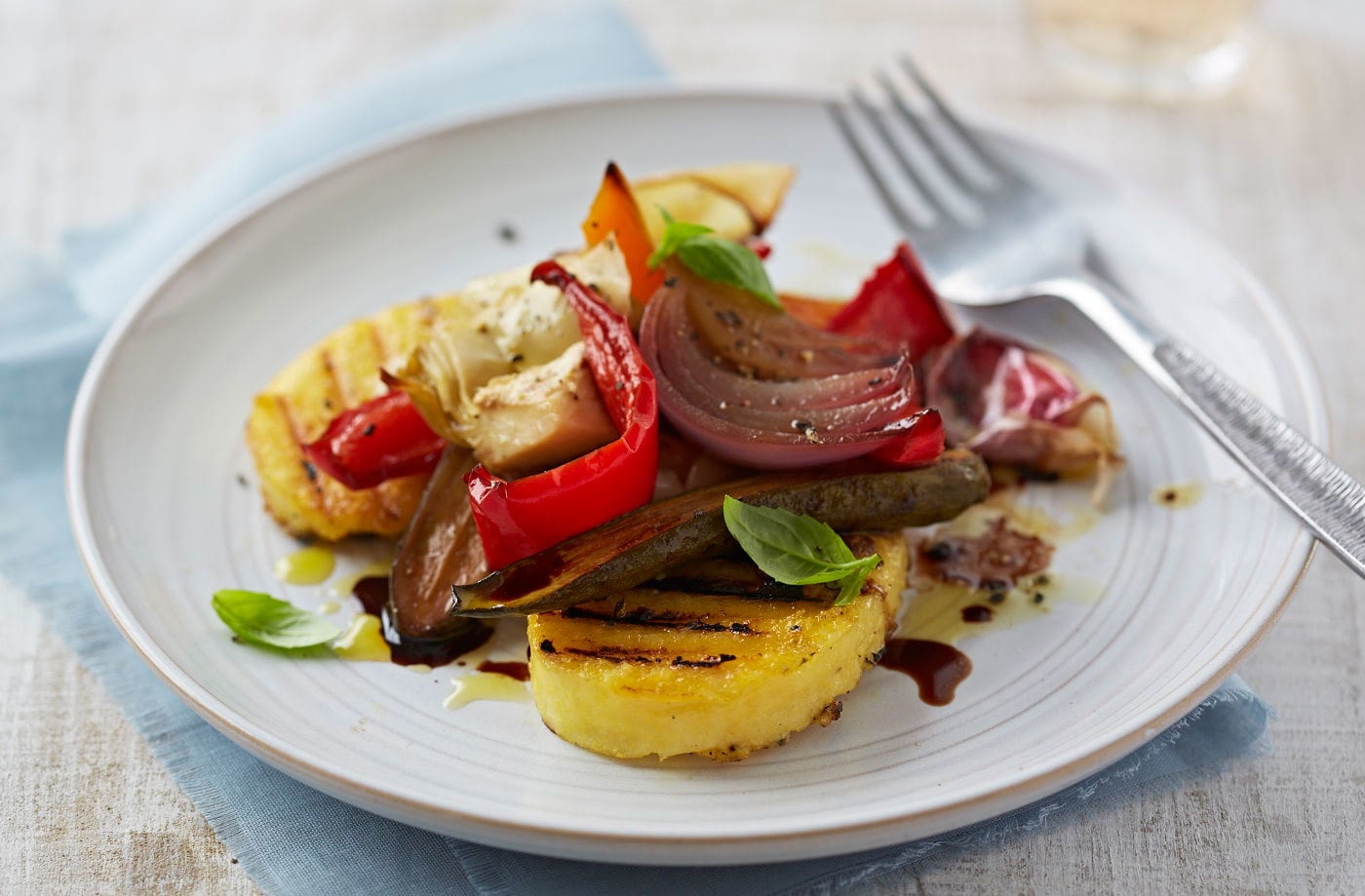 Roasted vegetables on polenta bruschetta