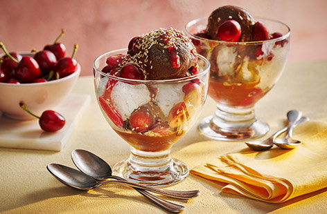 Image of "Chocolate, coconut and cherry sorbet sundae"