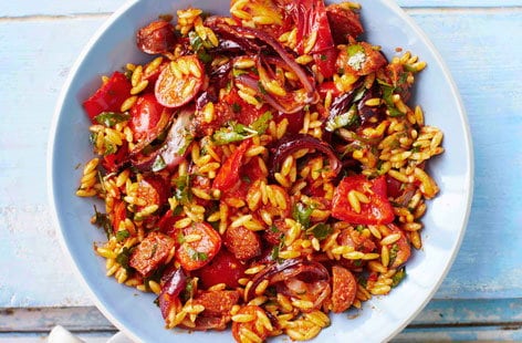 Image of "Roasted pepper and chorizo orzo salad"