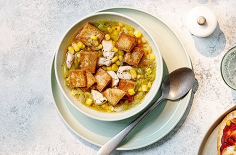 Image of "Chicken and sweetcorn soup with pitta croutons"