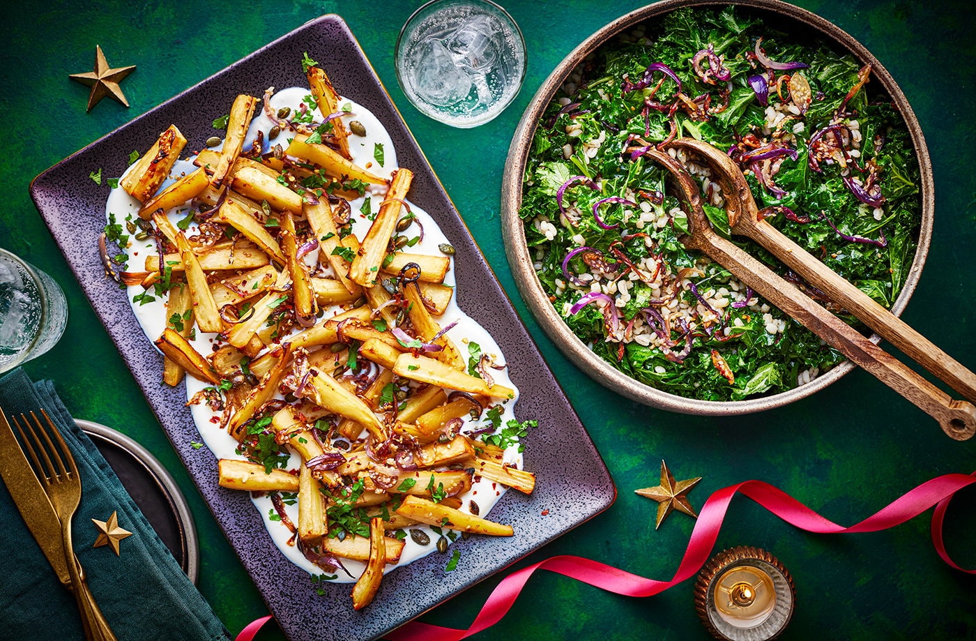 Sesame honey roasted parsnips with pearl barley salad