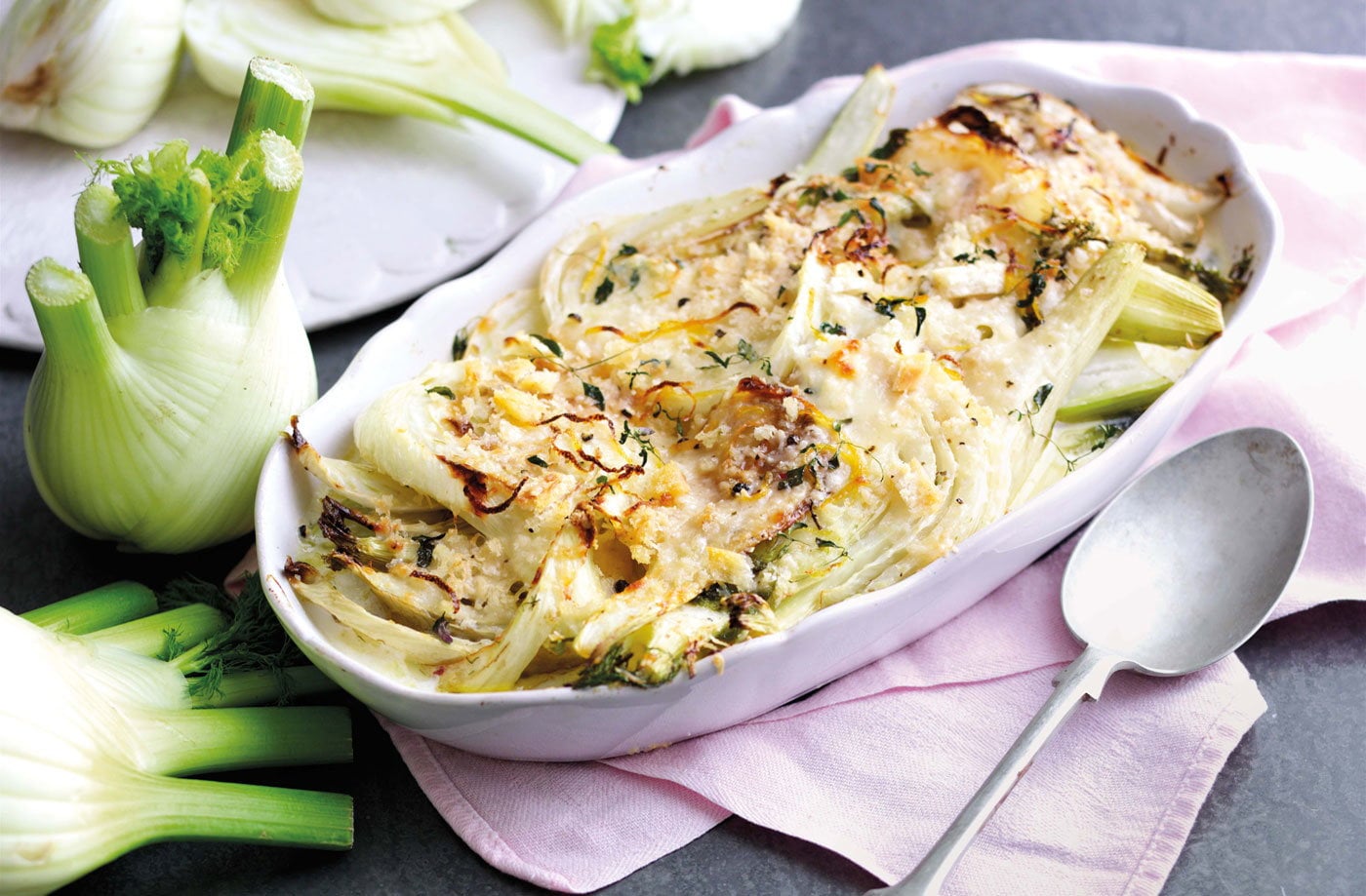 Milk-braised fennel with thyme breadcrumbs