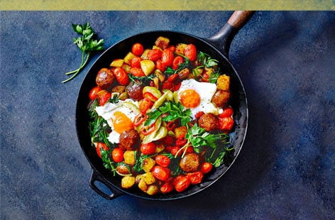 Image of "Meatballs with smoky potato and spinach hash"