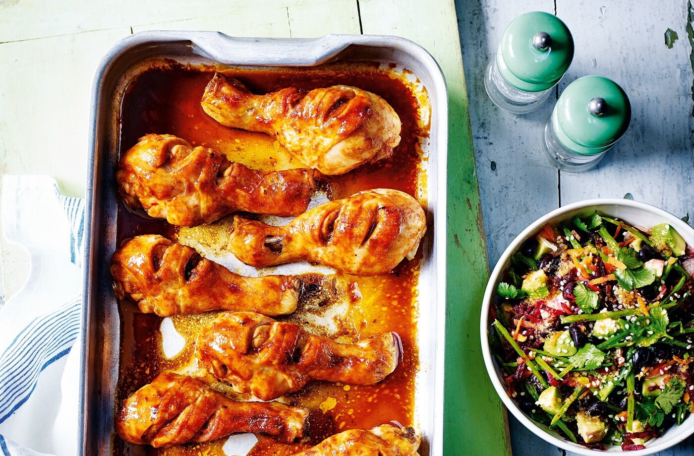Sriracha chicken with beetroot, avocado and black bean salad