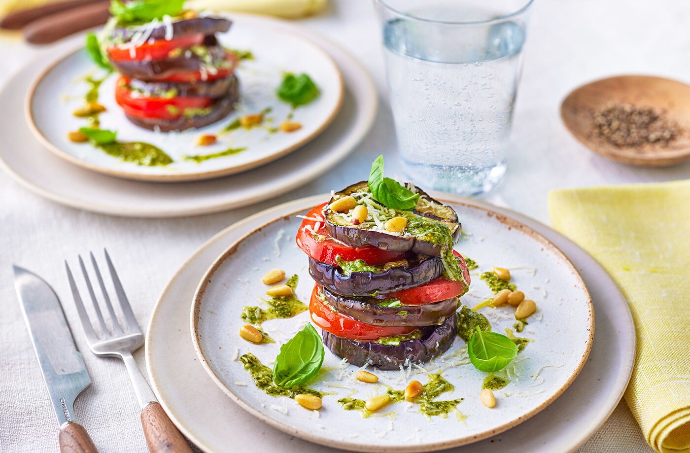 Aubergine, tomato and pesto stack