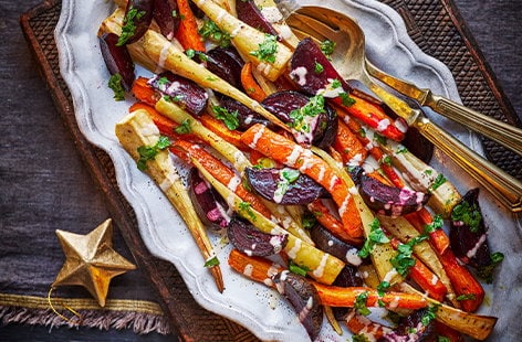 Root veg with tahini-lemon drizzle