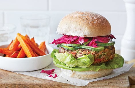 Image of "Bean burgers with carrot fries"