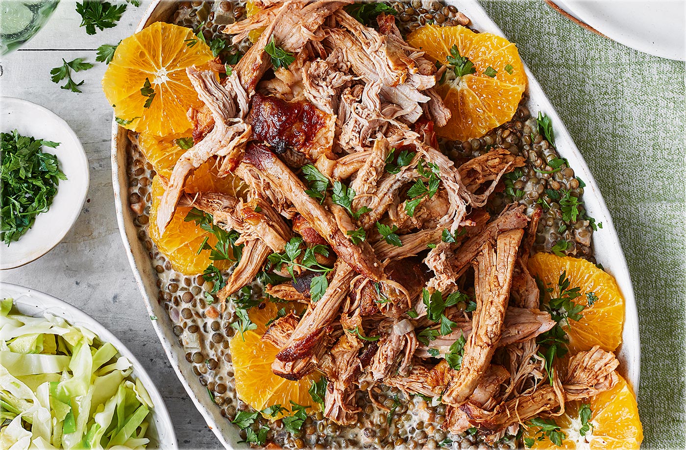 Pulled pork with mustard lentils