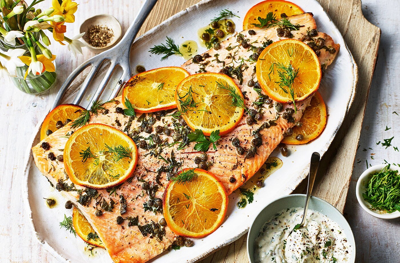 Roast salmon and capers with herb cream