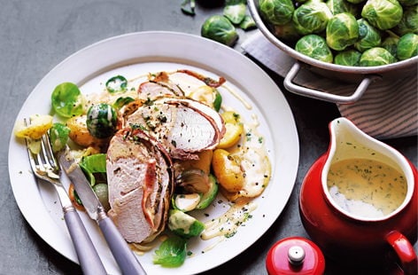 Image of "Pancetta-wrapped turkey with roasted sprouts"