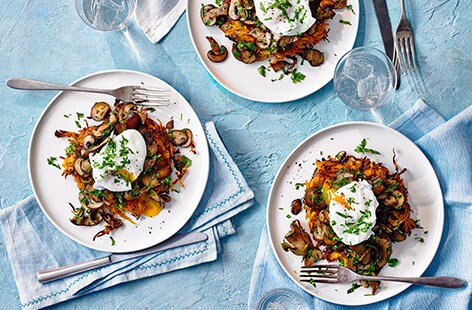 Image of "Sweet potato rosti with mushrooms and poached egg"