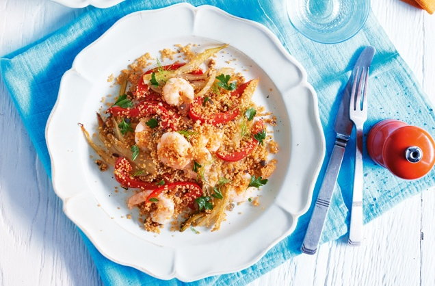 Prawns with paprika couscous and garlic sauce